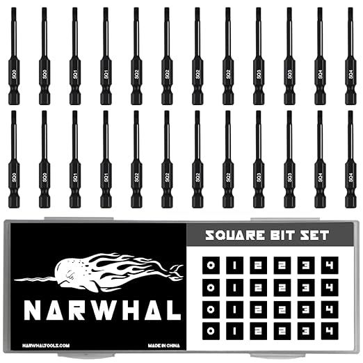 Narwhal Robertson Square Drill Bit Set (24 Pack - 2.3" Long Magnetic Heads) Square Screwdriver Bit Sizes #0, #1, #2, #3, and #4