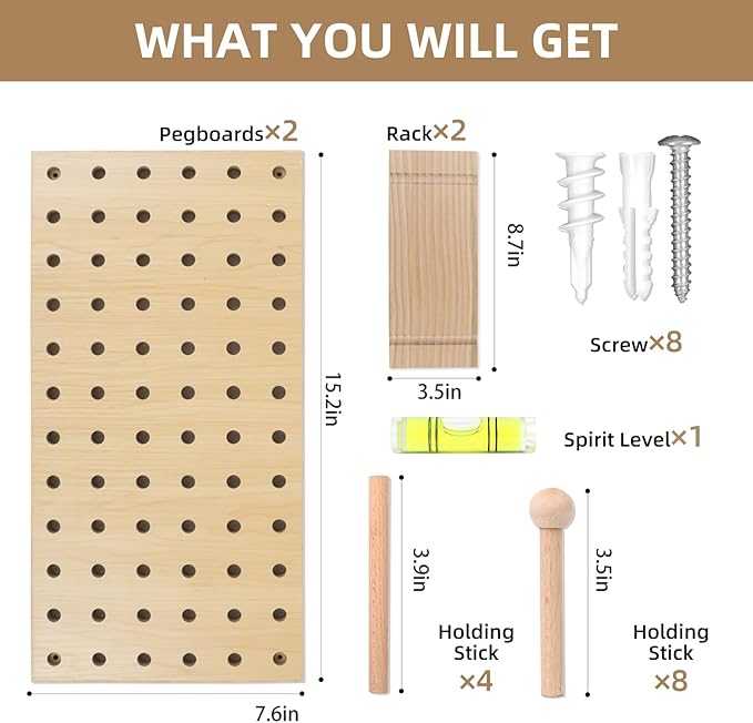 Brown & Beige Wood Pegboard Modular Display Wooden Pegboard Combination Wall Organizer Storage Wall Hooks Shelf for Home, Office, Bathroom, Comes with 4 Pieces Pegboards