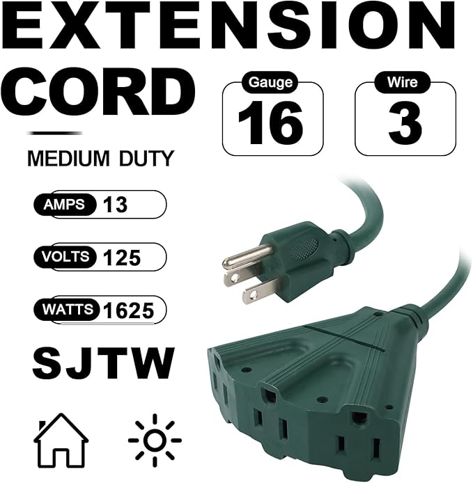 EP 50 Ft Outdoor Extension Cord with 3 Electrical Power Outlets - 16/3 SJTW Green Cable with 3 Prong Grounded Plug for Safety Great for Christmas Lights, Garden and Major Appliances