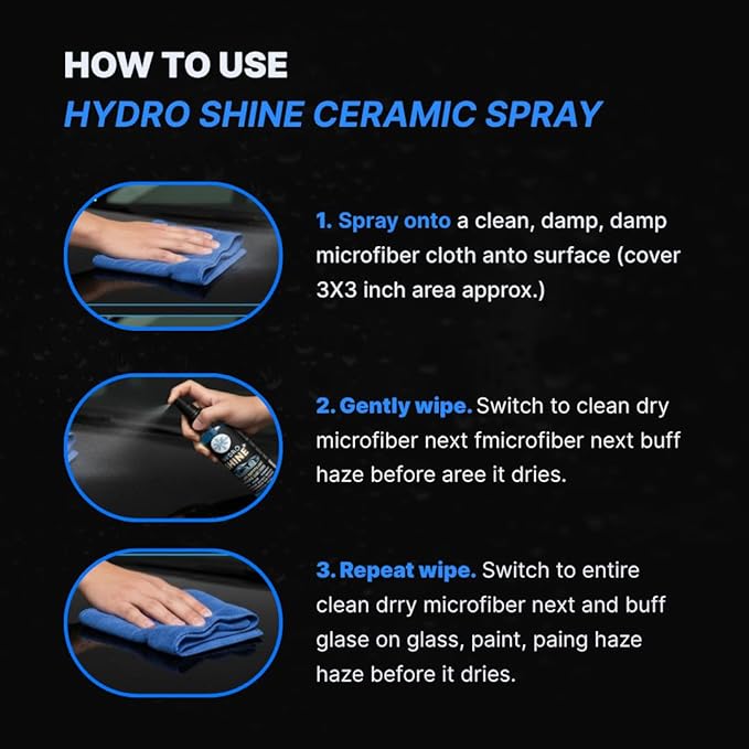 HydroShine EZ Instant Nano-Ceramic Spray Kit (3 Pack) – Rapid 20 Min Application - Streak Free, No Hassle Shine/Protection. Hydrophobic. UV. Pollen. Dirt. Bird Poop. 1 Bottle = 2 Coatings = 2 Months