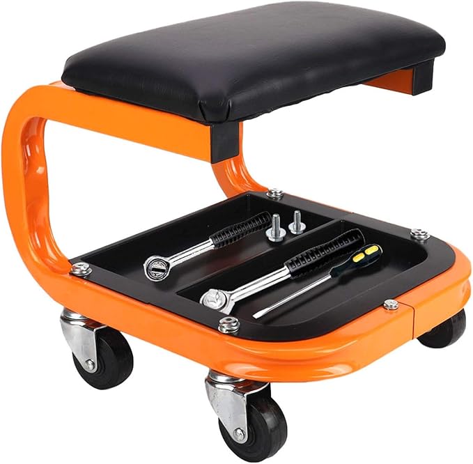 Heavy Duty Rolling Shop Stool, Mechanics Chair with Wheels, 400LBS Capacity Rolling Stool for Garage with Casters, Mechanics Roller Seat with Segmented Tool Tray and Comfortable Leather Cushion
