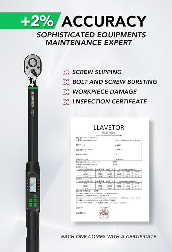 1/2-Inch Drive Digital Torque Wrench, 7.38-147.5 Ft-Lb, ±2% Accuracy with Buzzer and LED Alert, Suitable for Car, Motorcycle and Bicycle