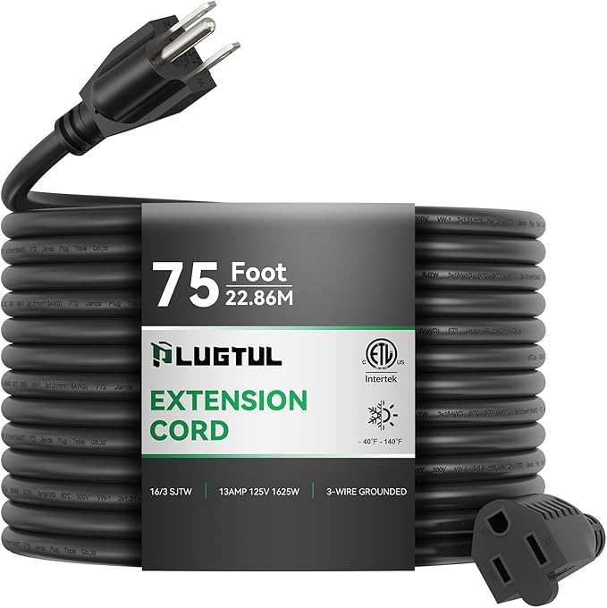 PLUGTUL Extension Cord 75 FT, 16/3 Outdoor Extension Cord Waterproof, Heavy Duty 3 Prong Extension Cord Black, 13A 1625W SJTW, ETL Listed, Great for Garden and Home