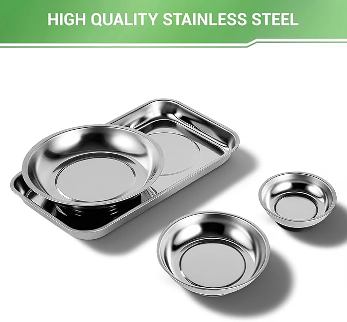 Magnetic Tray 4-Piece, Large Magnetic Parts Tray and Round Magnetic Parts Tray Set, Stainless Steel Heavy Duty 9.5" W x 5.5''L Square and 6" 4" 3"Round Tools Tray