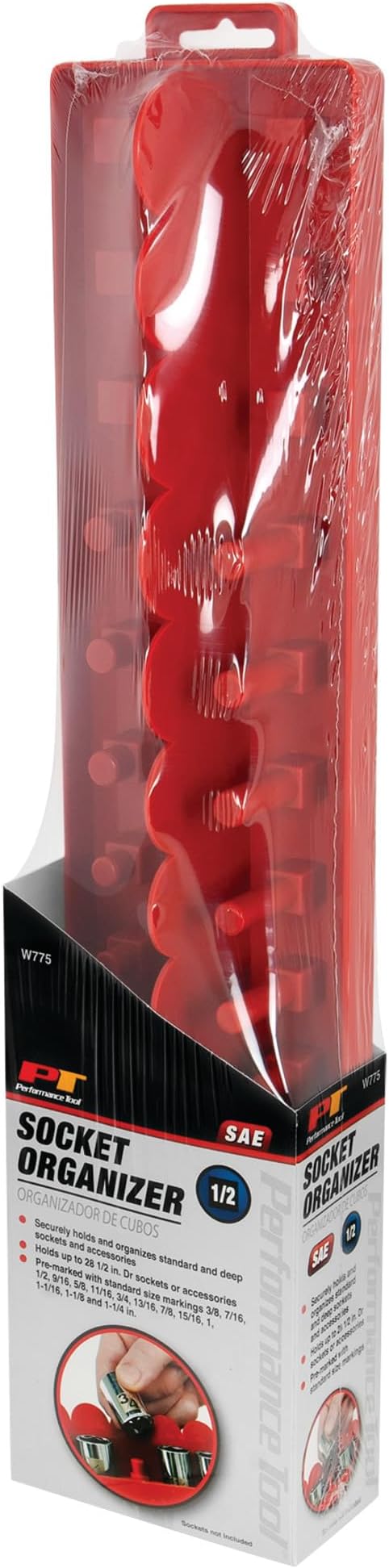 Performance Tool W775 28-Piece 1/2-Inch Drive Socket Holder with Pre-Marked Sizes for Standard and Deep Wall SAE Sockets and Accessories