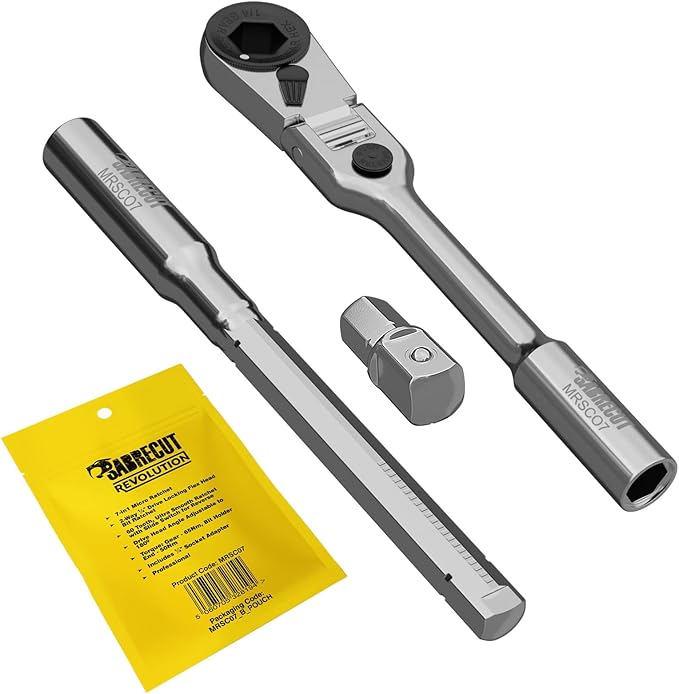 1 x SabreCut MRSC07 7-in-1 Flex Head 6.3mm 1/4" HEX Magnetic Mini Micro Ratchet with Extension Bar and 1/4" Square Drive Socket Adapter Stainless Steel Professional 60 Tooth Gear Hand Ratchet Wrench