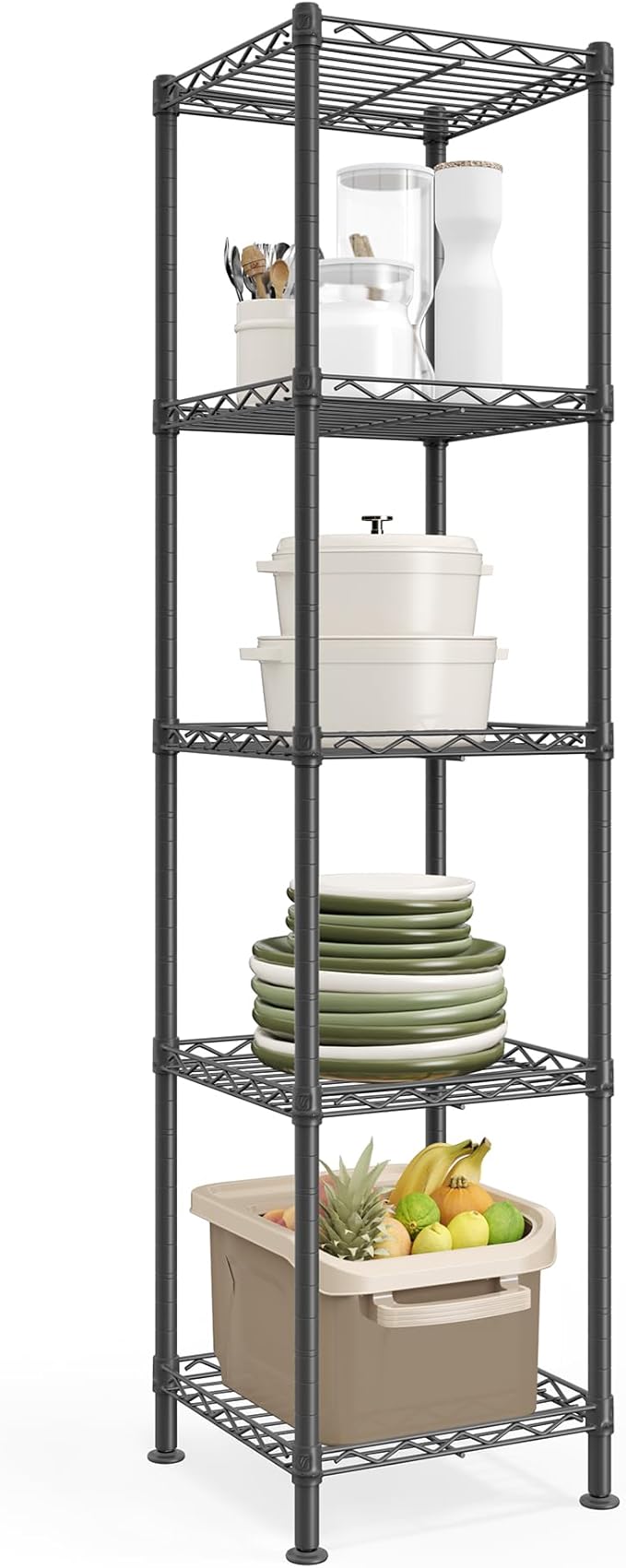 SONGMICS Storage Shelf, Small Metal Wire Shelving Unit, Adjustable Shelves, for Small Spaces, Garage, Bedroom, Living Room, Kitchen, Pantry, 5 Tier, 11.8 x 11.8 x 47.6 Inches, Ink Black ULGR123BH01