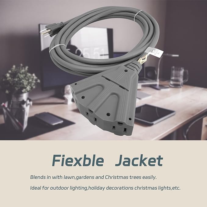 EP 10 Ft Outdoor Extension Cord with 3 Electrical Power Outlets - 16/3 SJTW Grey Cable with 3 Prong Grounded Plug for Safety Great for Christmas Lights, Garden and Major Appliances