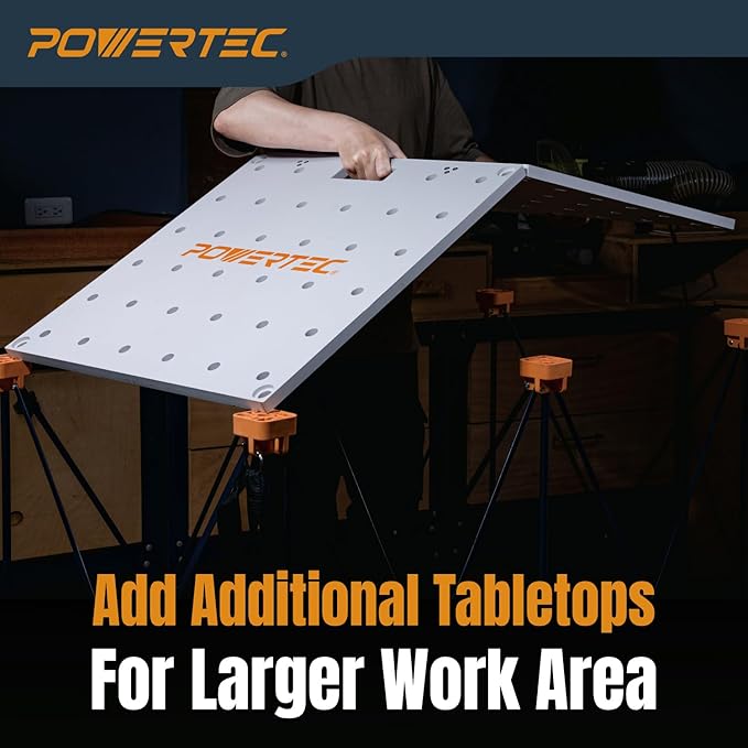 POWERTEC 72309 Arachni-Flex 24" x 48" PVC Waterproof Foldable Workbench Tabletop w/Carrying Bag - Portable Work Surface with Pre-drilled Dog Holes & Quick-Insert Locks, Ideal for Working Projects