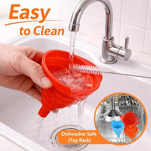 No Spill Kitchen Funnel Set, Food Grade 3 Collapsible Silicone Funnels with 1 Stainless Steel Funnel, Strainer for Hot Oil, Brush, Hook, and Storage Bag, Filling Bottles, Liquids, and Dry Ingredients