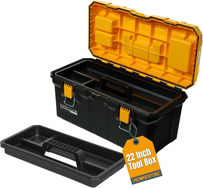 POWERTEC PRO 22-Inch Tool Box with Trays - Lockable, Metal Latch, Organizer, Portable Storage for Tools, Small or Mid-Sized Parts (72363V)