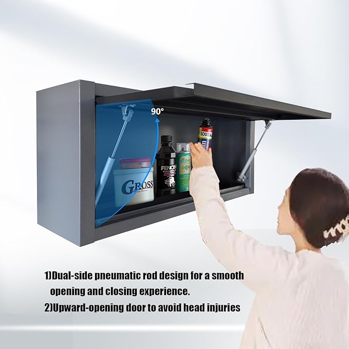 JZD Small Metal Wall Mounted Storage Garage Cabinet with Flip Up Door, Black & Grey
