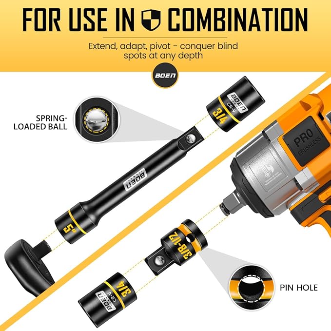 BOEN 1/2" Drive Impact Socket Set, 24-Piece Standard SAE (3/8" to 15/16") & Metric (10mm-24mm) Shallow Socket, 6-Point with Yellow Embossed Marking, Includes Adapters, Ratchet Wrench, Extension Bars