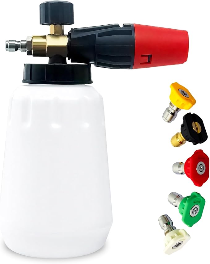 Foam Cannon, 1 Liter Heavy Duty Snow Foam Lance - Professional Car Foam Blaster with Wide Neck & 1/4" Quick Connector, 5 Pressure Washer Nozzle Tips Included