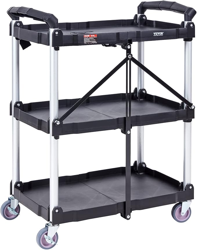 VEVOR Foldable Utility Service Cart, 165LBS 3 Shelf Heavy Duty Plastic Rolling Cart with 360° Swivel Wheels (2 with Brakes), Ergonomic Handle, Portable Garage Tool Cart for Warehouse Office Home