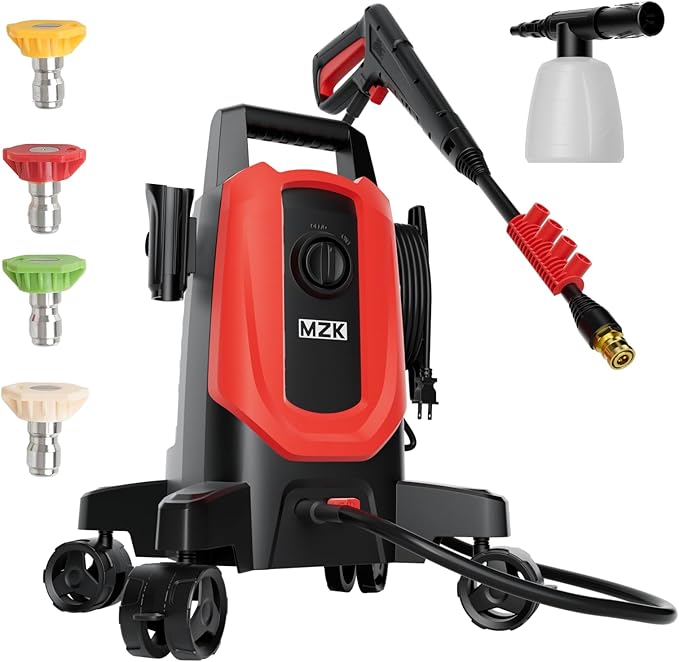 MZK Pressure Washer, Power Washer with Anti-Tipping Technology, 4 Wheels, 4 Quick Connect Nozzles, Foam Cannon, for Cars, Fences, Driveways, Patios, Home & Outdoor Cleaning - Deep Red