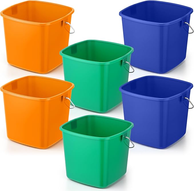 Zhehao 6 Pcs 3 Quart Bucket for Cleaning Small Sanitizer Bucket for Restaurant Square Plastic Pail with Handles for Home, Offices, Commercial Use, Food Service(Orange, Green, Blue)