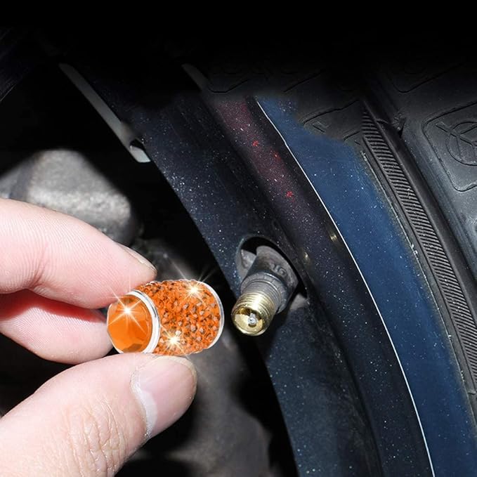 ToBeQueen Bling Orange Car Tire Valve Caps, 4 Pack Handmade Crystal Rhinestone Diamond Tire Caps Universal Dustprood Bling Car Accessories for Car/SUV/Motorcycle/Bike(Orange)