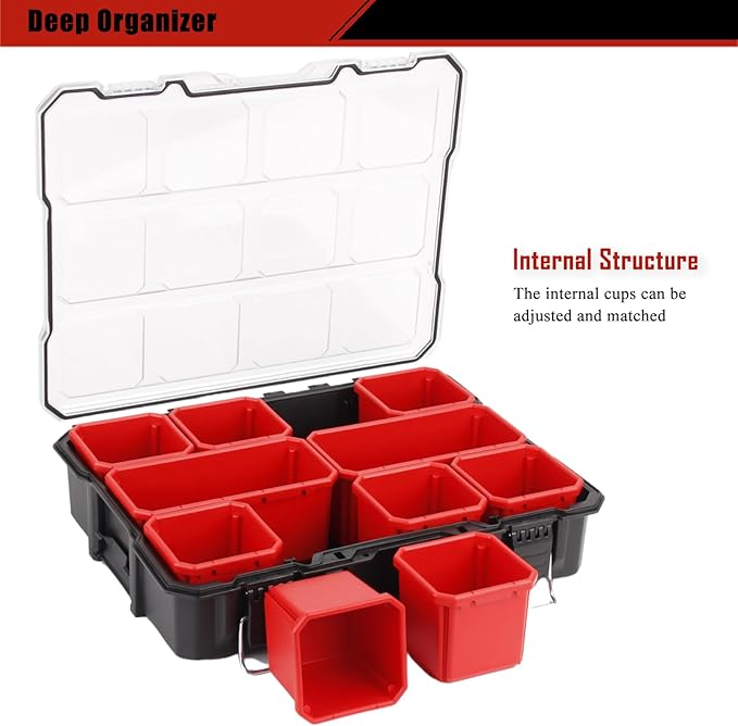 Tools Organizer, Small Parts Storage Toolbox, 17.3 * 14 * 4.2" Durable Hardware Deep Box Storage, with Removable Inner Cups