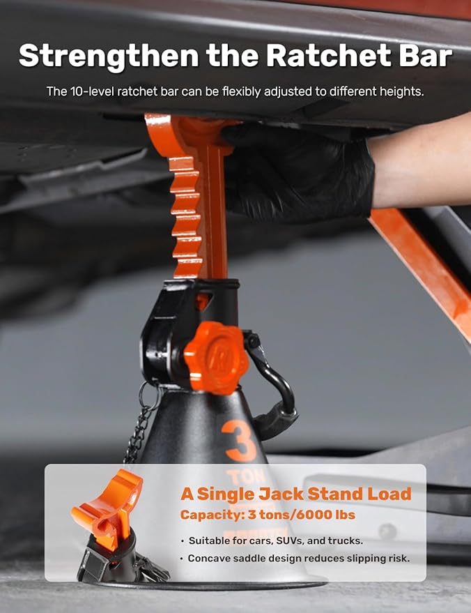Jack Stands, 3 Ton (6,000 lbs) Heavy Duty Car Jack Stands with Integrated Steel Base and Double Locking, 11-1/4 to 16-9/16 inch Adjustable Height, for SUV, Truck, and Car, 1 Pair