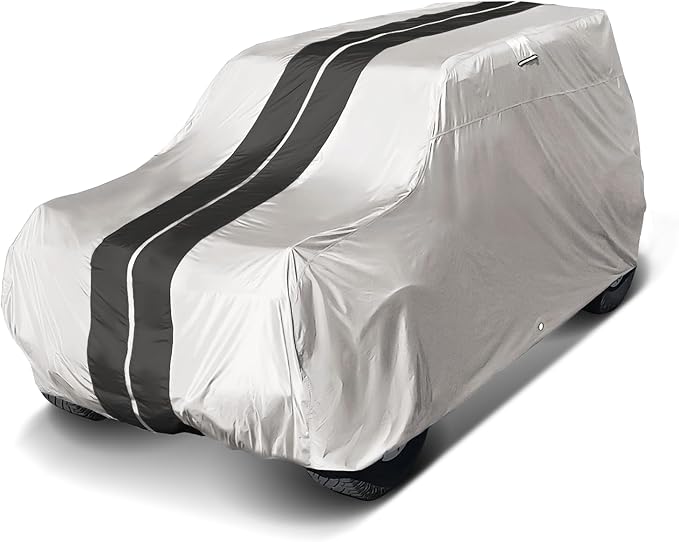 iCarCover Premium Heavy Duty SUV Car Cover - Waterproof All Weather Rain Snow UV Protection, Venue, Soul, XB, Defender 90, Tracker 4-Door, Samurai, Size S59 (See Size Chart), Stripe - Light Gray/Black