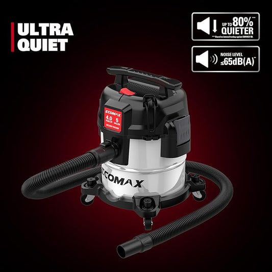 ECOMAX 5 Gallon Ultra Quiet Shop Vacuum Wet and Dry, 4 Peak HP Stainless Steel Shop Vac, Up to 80% Quieter Operation, Durable Long-Life Motor, Portable Vacuum for Garage, Workshop & Jobsite
