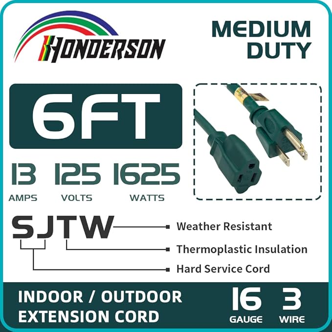 6FT Outdoor Extension Cord-16/3 SJTW Durable Green 3 Prong Grounded Plug Power Cord for Safety,Great for Outside Christmas Decorations