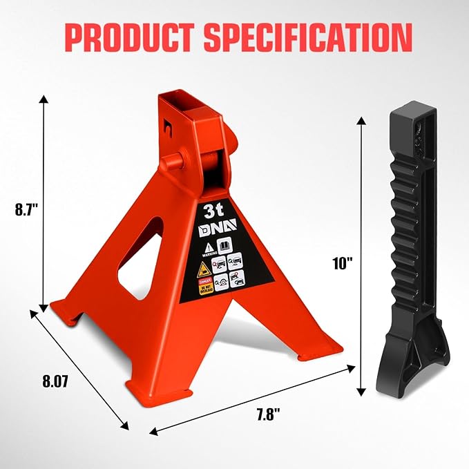 DNA Motoring 1 Pair Jack Stands, 3 Ton (6600 lbs) Capacity Car Lifting Stand, Adjustable Height Car Jack Stands for Cars, Sedans, Small Vehicles, SUV, TOOLS-00682-RD