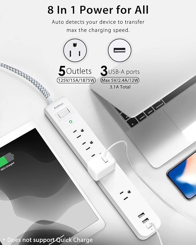 15FT Long Cord Power Strip - Extension Cord Surge Protector, 5 Widely AC Outlets 3 USB Ports, Wall Mount, Flat Plug with Overload Surge Protection for Home, Office, Dorm Room Essentials (2 Pack)