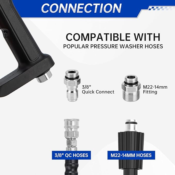 4350 PSI Short Pressure Washer Gun, 1/4” Quick Connector High Pressure Washer Gun with 3/8" Male Plug and M22-14 Fitting, Power Washer Gun Compatible with Foam Cannon, Car Wash Foam Gun