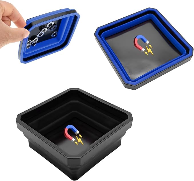 Collapsible Magnetic Parts Tray, 4.5 Inch Foldable Magnetic Square Silicone Tray, Tool Tray Set with Double-Sided Magnetic Base for Screw Bolts Nuts Pins, Car Accessories (Black+Blue, 2 PCS)