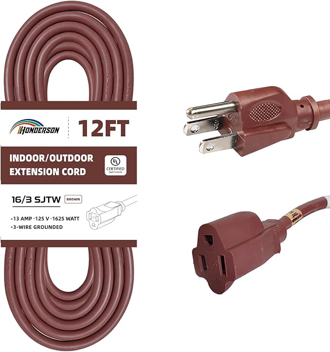 12FT Brown Outdoor Extension Cord-16/3 SJTW Durable Extension Cord for Christmas Lights with 3 Prong Grounded Plug, Great for Outside Christmas Decorations
