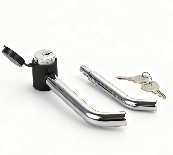 TOPTOW 63530 Trailer Hitch Receiver Lock, Right Angle Dual Pins 1/2" & 5/8" Diameter, Heavy Duty Bent Locking Pin, Chrome