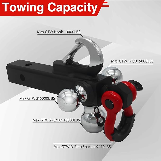 Trailer Hitch Ball Mount with Tow Shackle and Hook, Heavy Duty Hitch Mount with 2-5/16", 2", 1-7/8" Ball Fits 2Inch Hitch Receiver for Heavy Duty Trucks, SUVs, and Cars