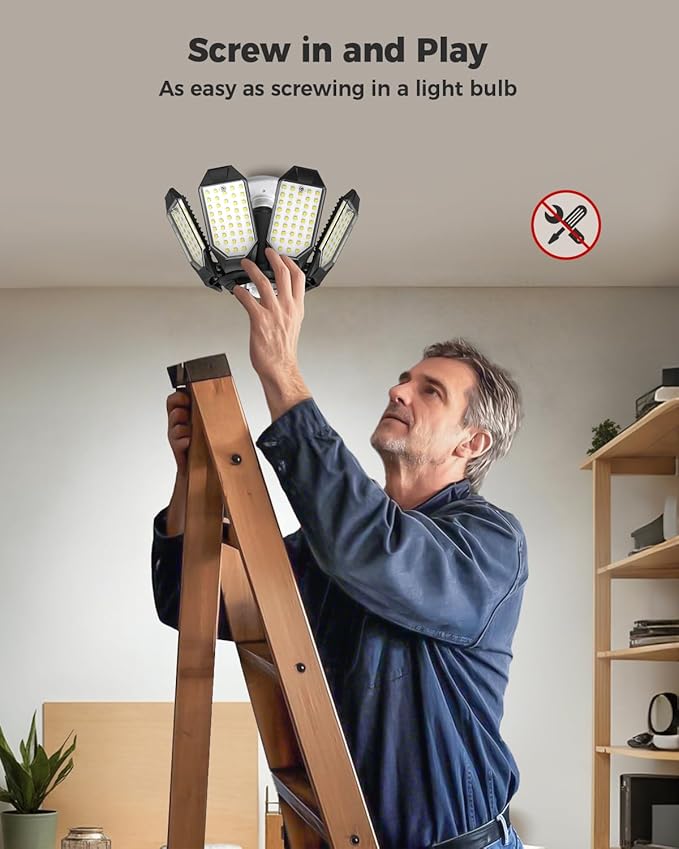 Motion Sensor Garage Light, 25000LM Motion Sensor Shop Light with 8 Foldable Panels, 6500K Indoor Motion Activated LED Light Bulb for Garage, Workshop, Utility Room (1 Pack)