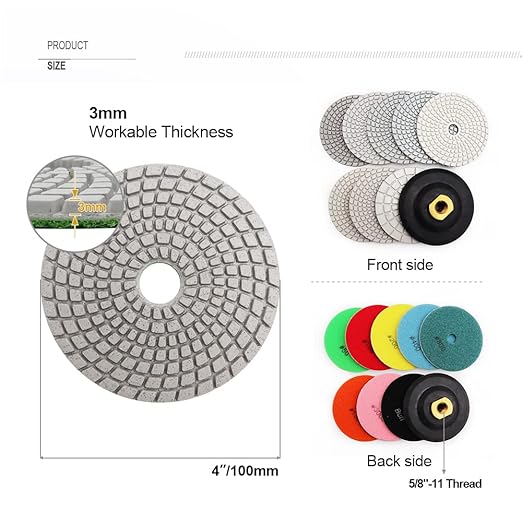 SHDIATOOL Diameter 4 Inch/100mm Diamond Wet Polishing Pads Set of 8Pcs Plus A 5/8’’-11 Rubber Backer for Marble Granite Countertop Quartz Stone Sanding Disc for Grinder, Polisher