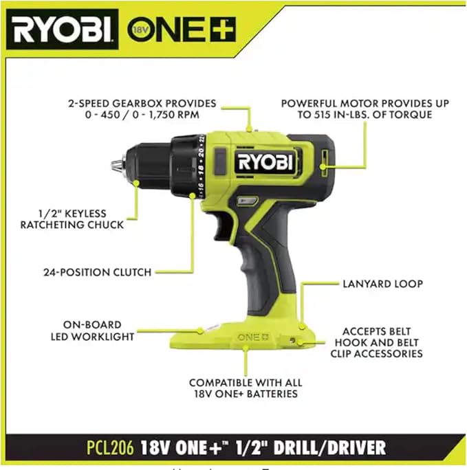 RYOBI ONE+ 18V Cordless 1/2in Drill/Driver PCL206B (Tool Only)
