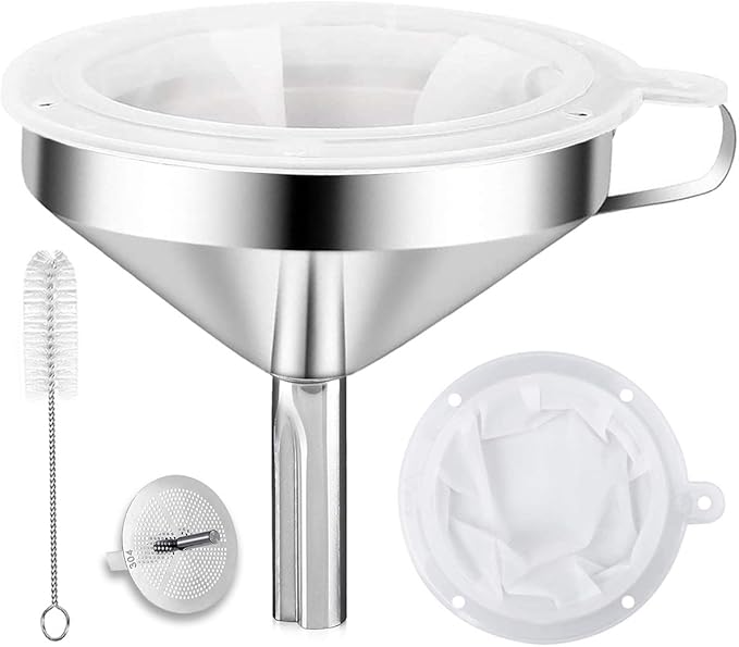 Kitchen Funnel for Filling Bottles, 304 Stainless Steel Food Funnels with Strainer and 200 Mesh Filter, Metal Funnel Set for Transferring Canning Oil Coffee