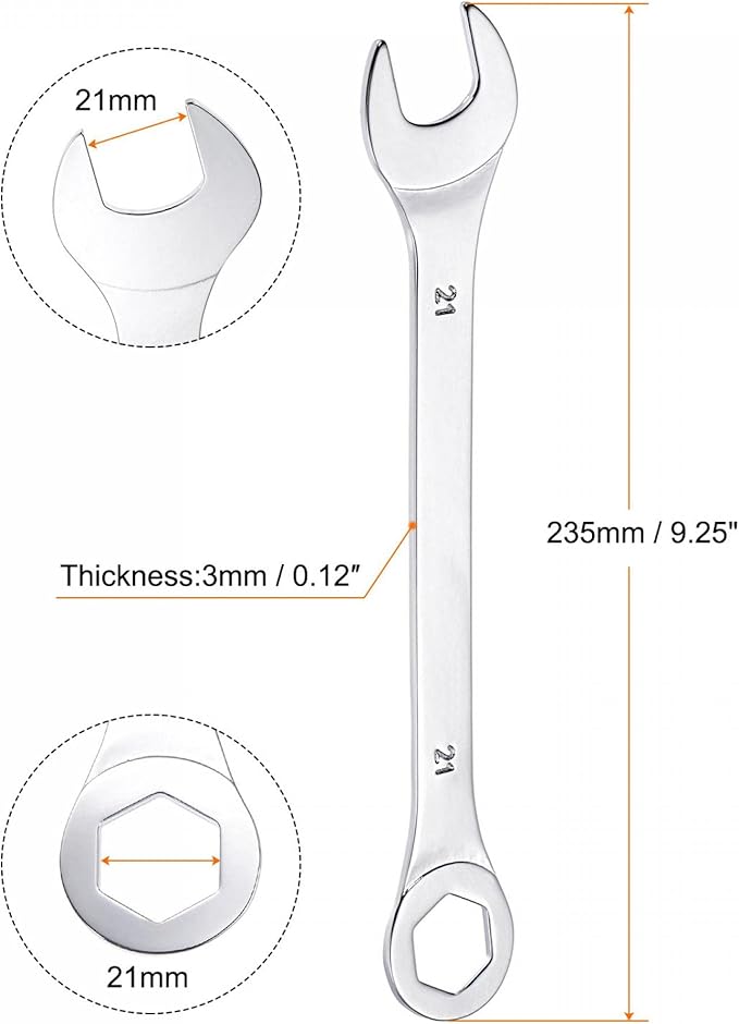uxcell Thin Combination Wrench with Offset 6-Point End and Angled Open End, Metric Mirror-Chrome Plated High Carbon Steel, for Household Repairs, 21mm