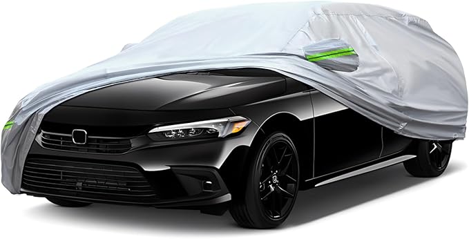Full Car Cover Universal 6 Layers Outdoor Thicked All Weather Cover, Sunshield, Waterproof, Snow Proof, UV Proof, Scratch Proof, Bird Droppings, 6 Reflective Strips, Fits Sedans up to 181"