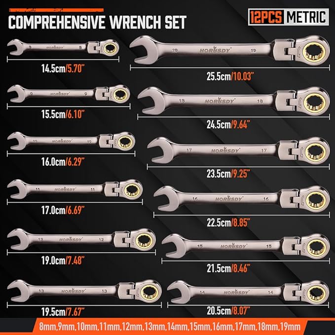 HORUSDY 12-Piece Metric Flex-Head Ratcheting Wrench Set with Organizer | 8-19 mm Ratchet Combination Wrenches Set | 72-Teeth | Chrome Vanadium Steel