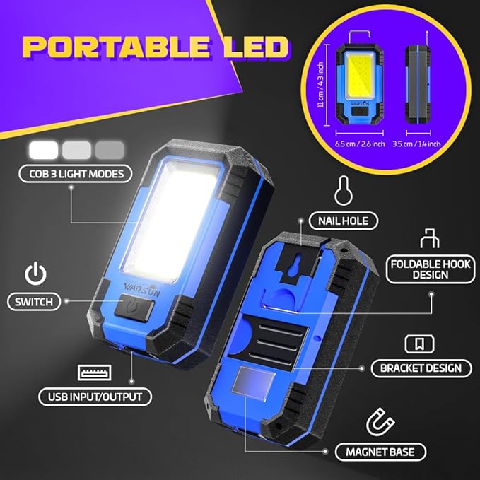 WARSUN LED Work Light Rechargeable Magnetic Portable Mechanic Worklight Battery Powered 1200 Lumens Super Bright for Car Repairing, Camping, Hiking, Stocking Stuffers Mens/Dad Gifts, Blue