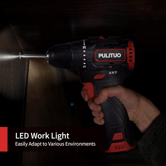 PULITUO Brushless Electric Drill Set,[Brushless Motor],12V Power Drill 310 In-lb Torque, 20+1 Clutch, 3/8" Keyless Chuck,45min Fast Charger, 2 Speed, LED Light for Home and DIY Project