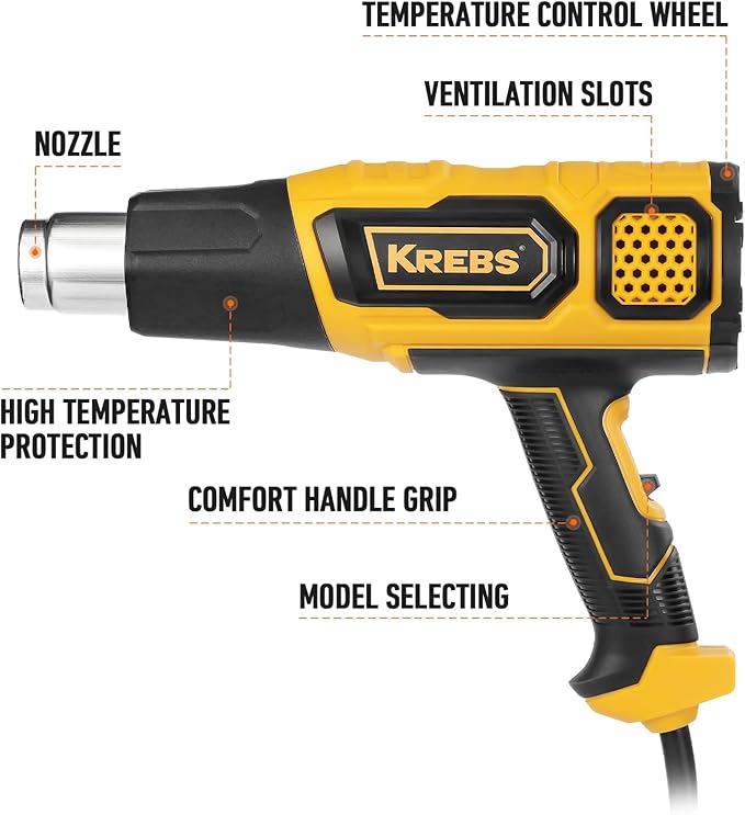 KREBS Heat Gun 1500W 140℉~932℉（60℃- 500℃）Fast Heating Heavy Duty Hot Air Gun Kit Variable Temperature Control Overload Protection with 4 Nozzles for Crafts, Shrinking PVC, Stripping Paint(5.6FT)