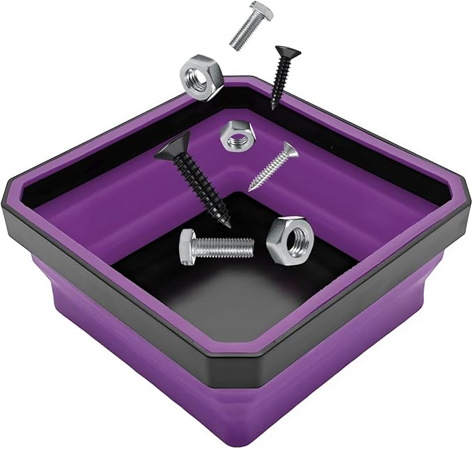 Collapsible Magnetic Parts Tray, 4.5" Square Silicone Tool Tray with Dual-Sided Magnetic Base, Foldable Small Metal Parts Organizer Storage Bowl for Screws Bolts Nuts Washers (Purple)