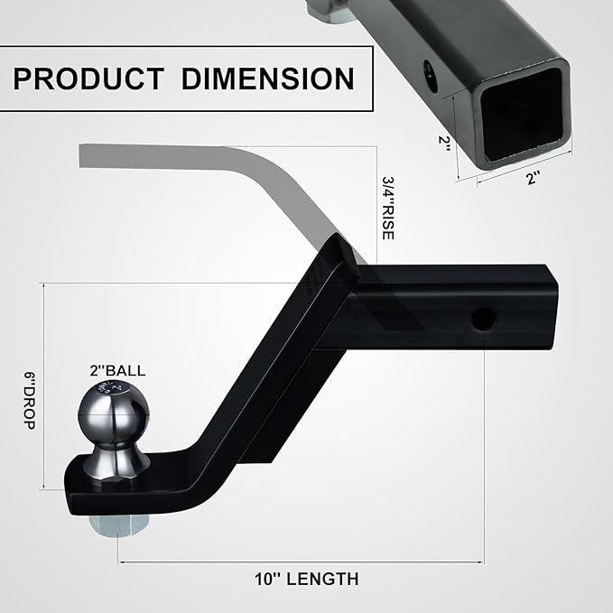 TOPSHINE Trailer Hitch Ball Mount with 2 in Ball & Hitch Pin, Heavy Duty Steel Fits 2 Inch Receiver, 7500lbs Capacity, 6-in Drop, 3pcs Hitch Receiver Silencer Pad Included, Black