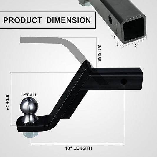 TOPSHINE Trailer Hitch Ball Mount with 2 in Ball & Hitch Pin, Heavy Duty Steel Fits 2 Inch Receiver, 7500lbs Capacity, 6-in Drop, 3pcs Hitch Receiver Silencer Pad Included, Black