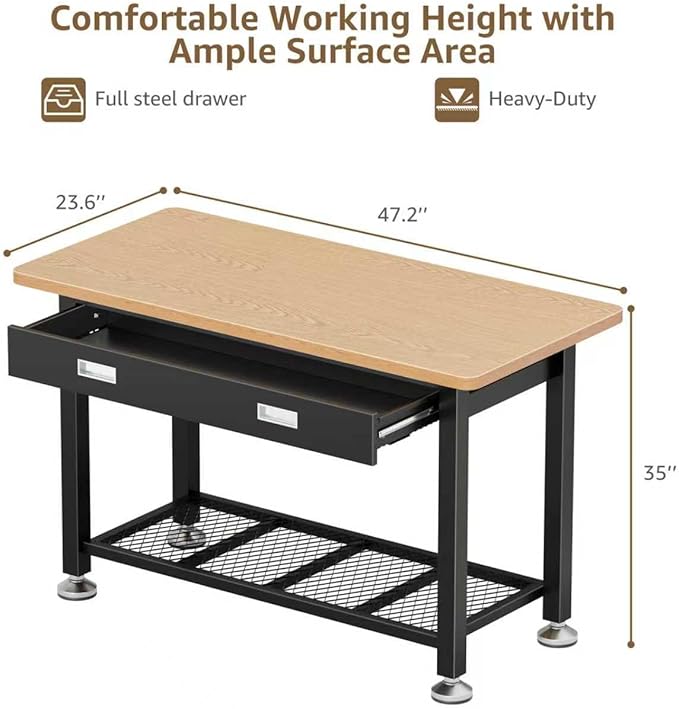 47.2" Heavy Duty Work Bench with Drawer and Storage for Garage, Small Wood Top and Metal Work Table for Crafts, 3D Printer Reloading Bench, Tool Chest Workbenches Crafting Table Working Station