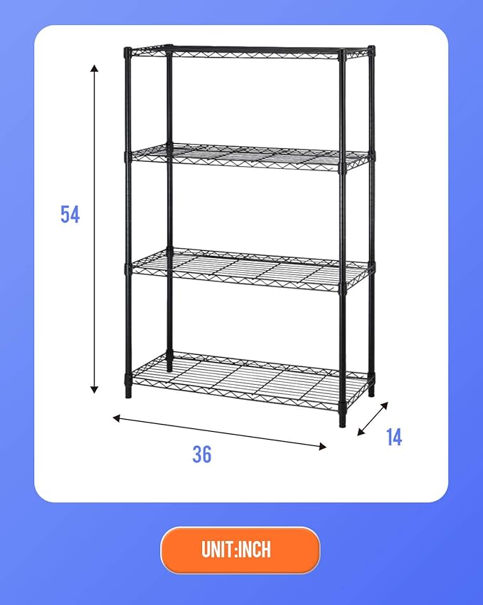 36" L×14" W×54" H Commercial Wire Shelving Unit Metal Shelf with 4 Tier Adjustable Layer Rack Strong Steel for Restaurant Garage Pantry Kitchen Garage，Black