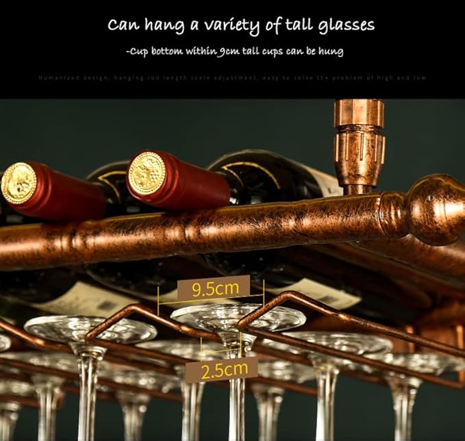 2-in-1 Industrial Wine Rack, 47.3" Adjustable Metal Pipe Wine Bottle Storage Rack with Glass Holders & Shelf, Space-Saving Vertical Installation for Kitchen Bar, Brown
